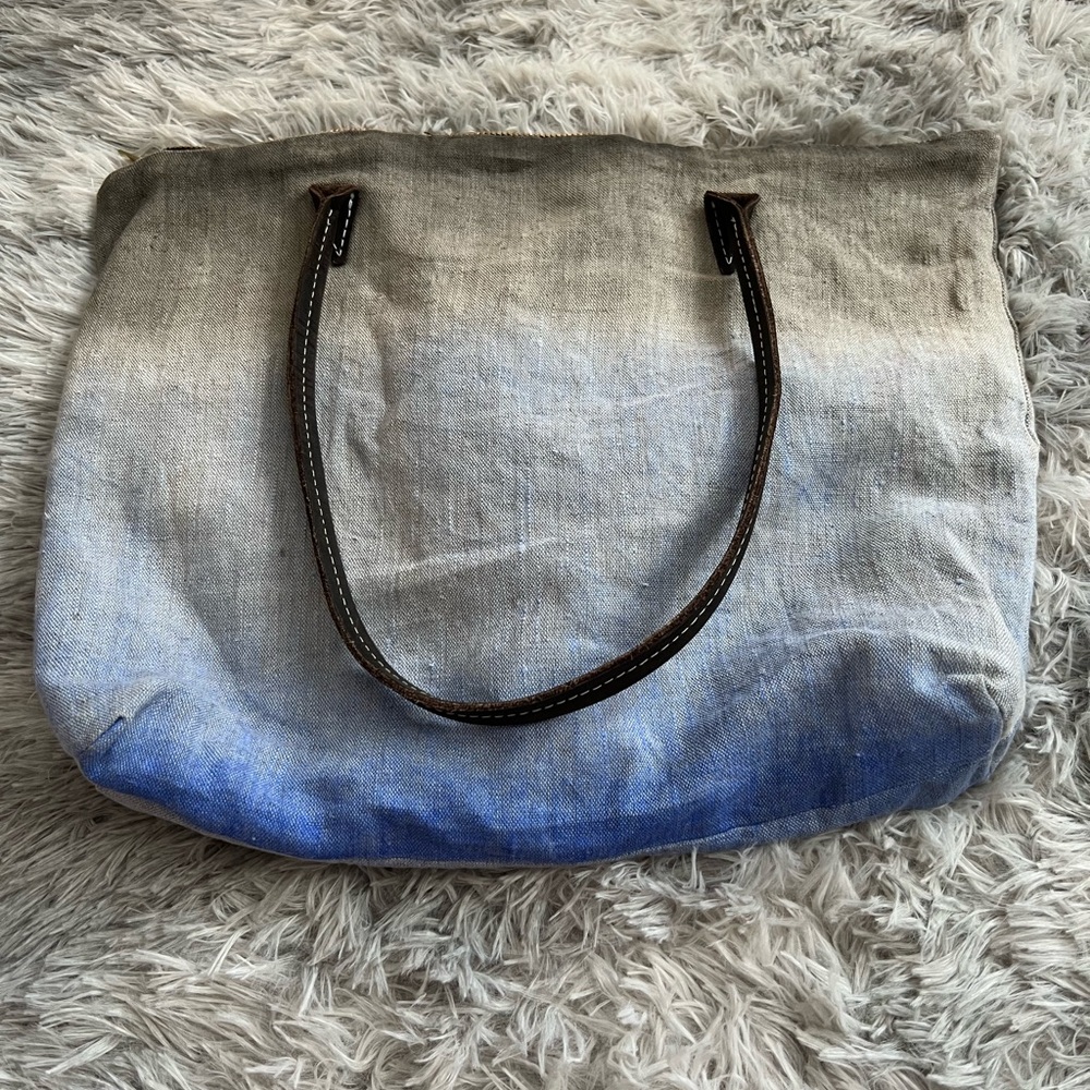 Canvas Ombre Tote Bag with Leather Handles - Blue